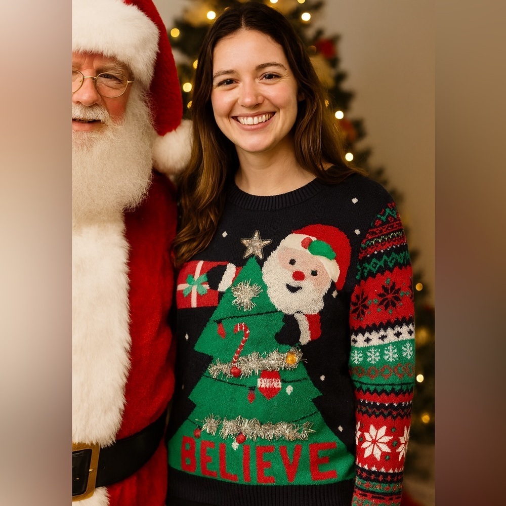 Believe- Festive Christmas Sweater with Santa, Tinsel Tree & Sequins Star